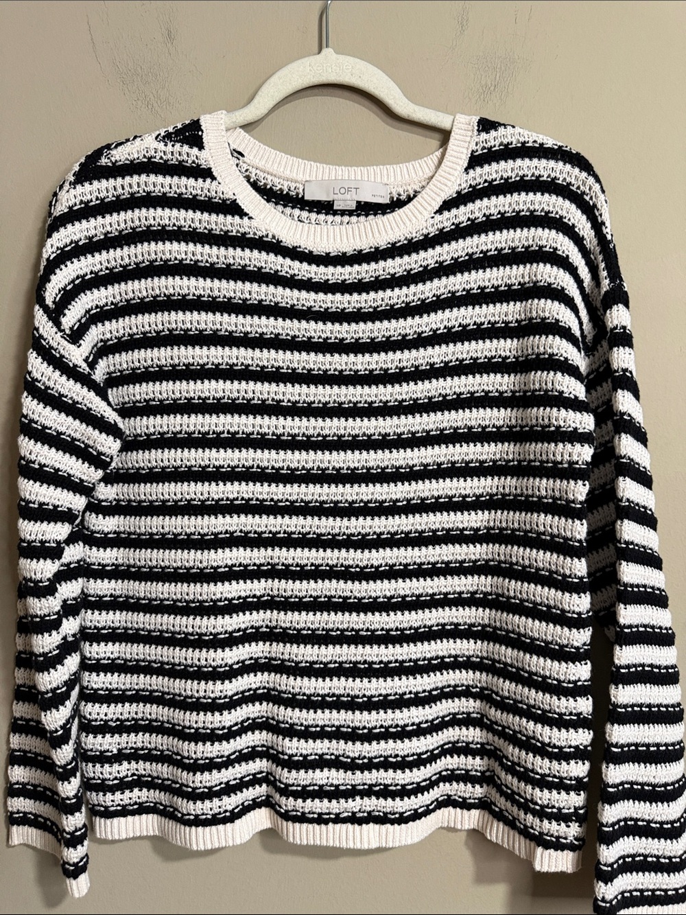 LOFT Petites MP Black Cream Striped 100% Cotton Open Knit Sweater - Picture 2 of 6
